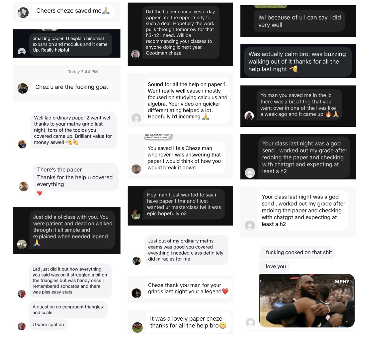Real student thank-you messages — 'best 15 I've ever spent', physics last exam wins