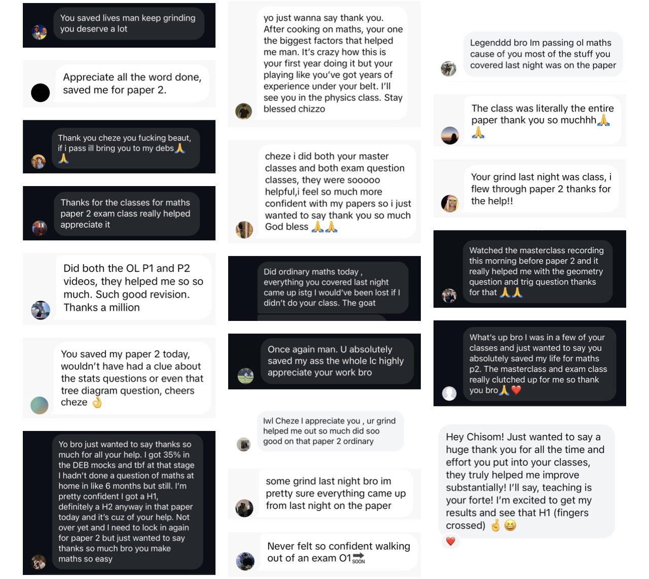 More real student messages — grade jumps and exam wins