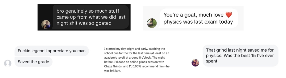 Real student messages — 'class was the entire paper', 'never felt so confident walking out of an exam O1'